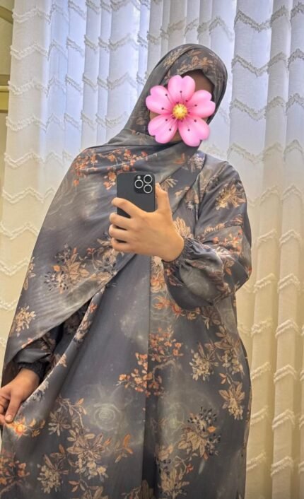 إسدال رصاصي ستان منقوش